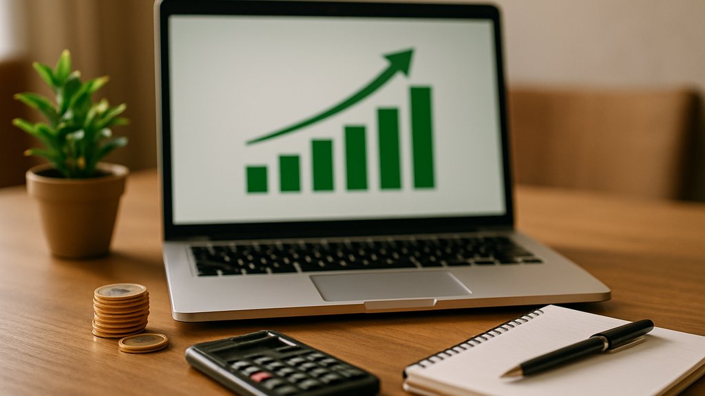 Tesouro Direto: gráfico de rendimento em laptop com moedas e calculadora