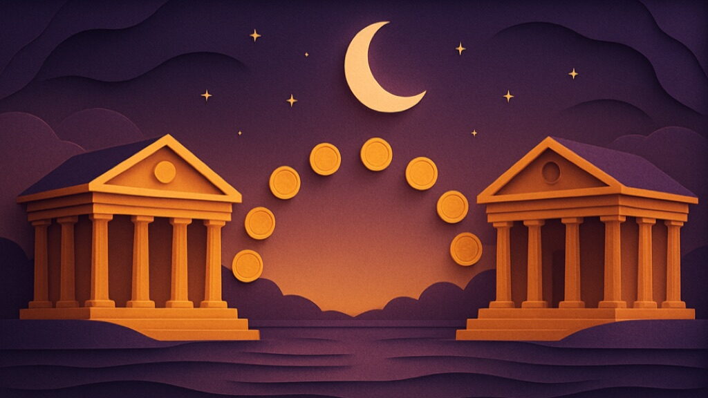 Dois bancos de colunas em recorte de papel, frente a frente à noite, com uma lua crescente e moedas douradas entre eles, representando o empréstimo de um dia que forma o CDI