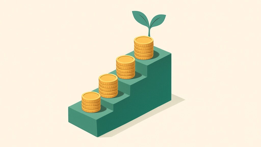 Escada de degraus verdes com pilhas de moedas e uma muda de planta no topo, simbolizando o crescimento da renda fixa